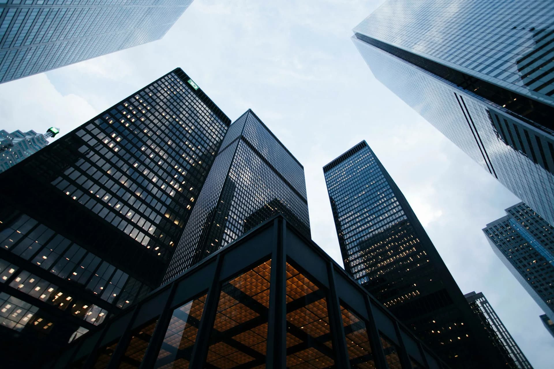 Office towers in a business district, seen from street level