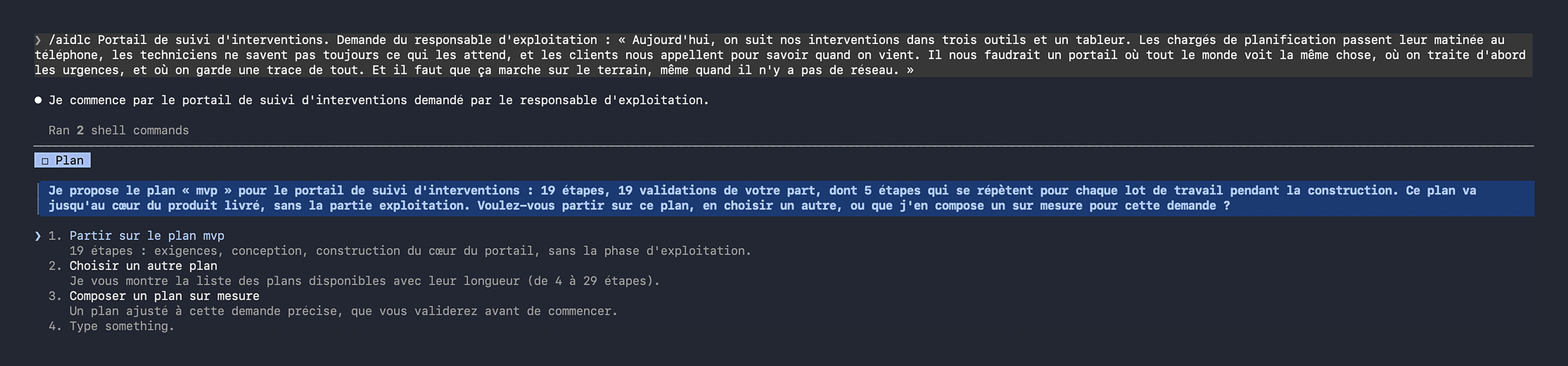 L'agent propose le plan mvp en 19 étapes et attend une décision